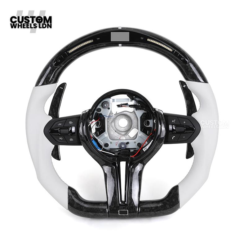 BMW Forged Carbon & White LED Steering Wheel | Paddle Shifters | M Badge | Flat Bottom | Plug & Play | Fits 1 2 3 4 5 Series (F & E Series) + more | Complete Wheel