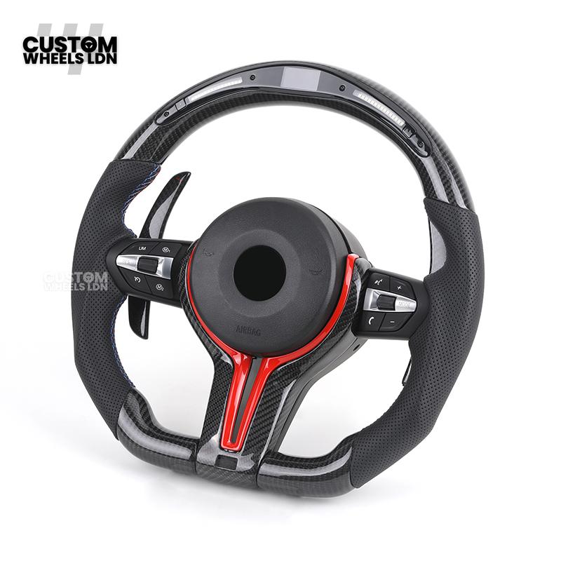 BMW Custom LED Steering Wheel – Carbon Fibre with Red Trim, Perforated Leather, Flat Bottom | Fits 1/2/3/4 Series, X1, X2 + more