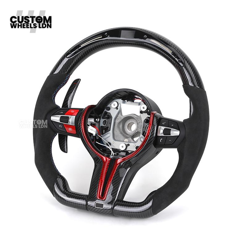 BMW Custom LED Steering Wheel – Carbon Fibre with Red Trim, Alcantara, Flat Bottom | Fits 1/2/3/4 Series, X1, X2 + more | Fits older models