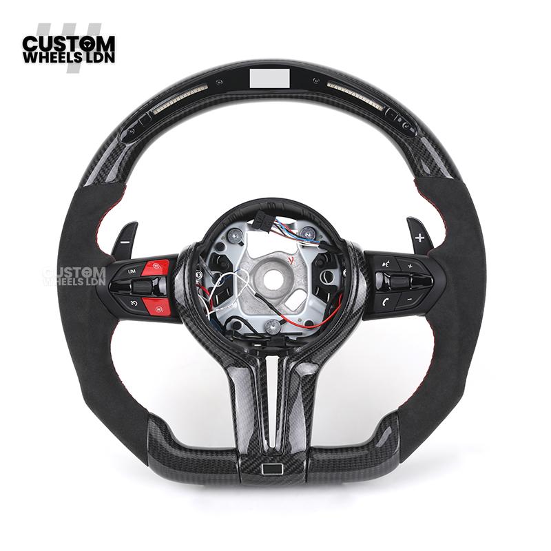 BMW Custom LED Steering Wheel – Gloss Carbon Fibre with Alcantara & Red Accents | M-Sport Style | Fits 3/4/5 Series, X Models + more | Plug & Play | Fits older models