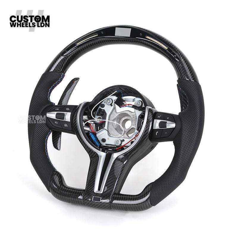 BMW Custom LED Steering Wheel – Carbon Fibre with M-Stitching, Perforated Leather, Flat Bottom | Fits 1/2/3/4 Series, X1, X2 + more | Fits older models