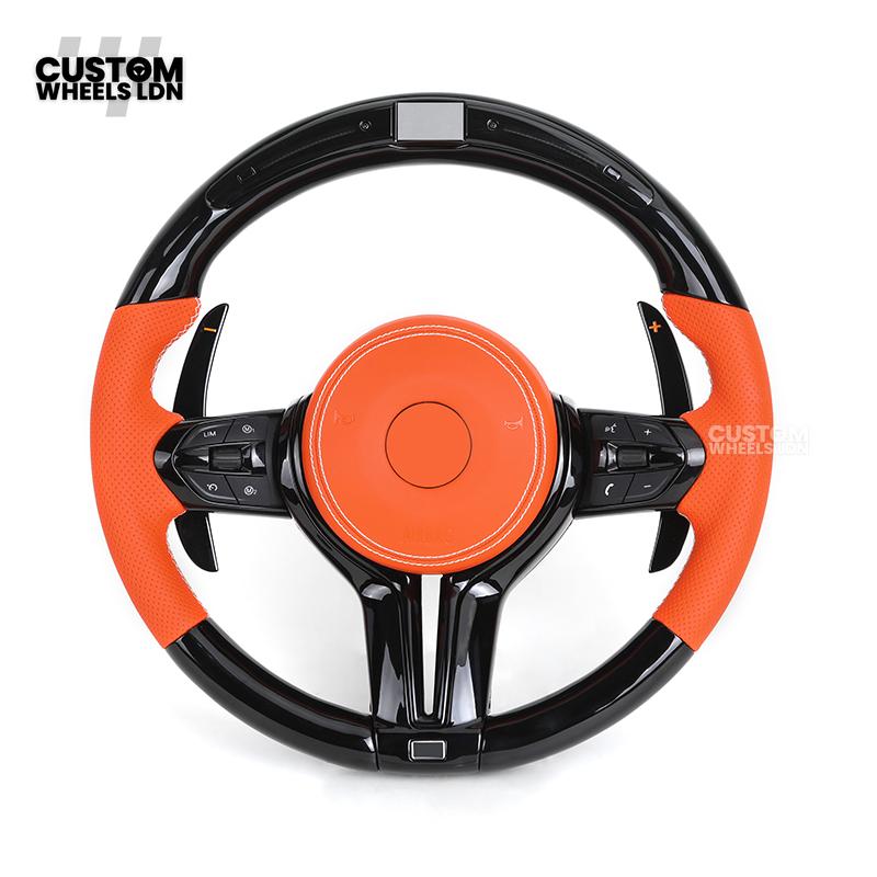 BMW Custom LED Steering Wheel – Gloss Black with Orange Leather | Fits 1/2/3/4 Series, X1, X2 + more | Flat Bottom