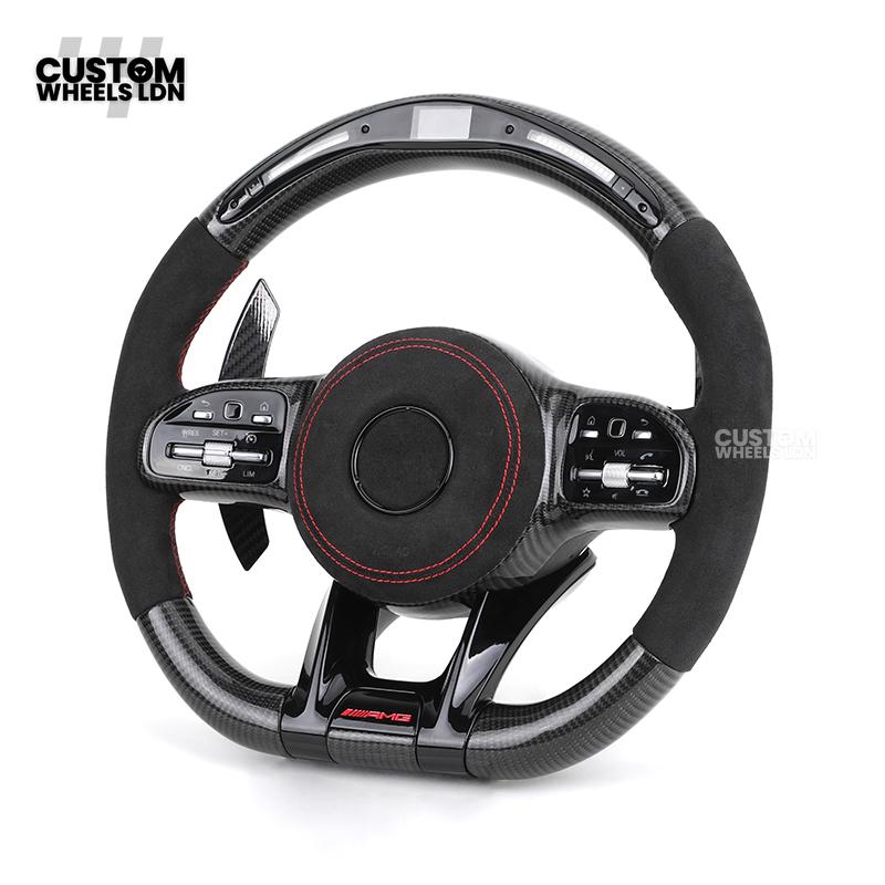 Mercedes Custom AMG Flat Bottom Steering Wheel – Alcantara & Carbon Fibre, Red Stitching, LED Display, Black Trim, Touch Buttons, AMG Badge | Fits C-Class, E-Class, CLS, GLC, GLE, G-Class + more | Plug & Play | Retrofit Upgrade for Older Model available