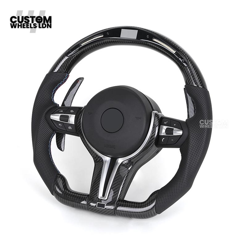 BMW Custom LED Steering Wheel – Carbon Fibre with M-Stitching, Perforated Leather, Flat Bottom | Fits 1/2/3/4 Series, X1, X2 + more | Fits older models