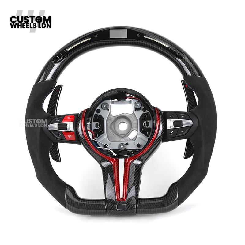 BMW Custom LED Steering Wheel – Carbon Fibre with Red Trim, Alcantara, Flat Bottom | Fits 1/2/3/4 Series, X1, X2 + more | Fits older models