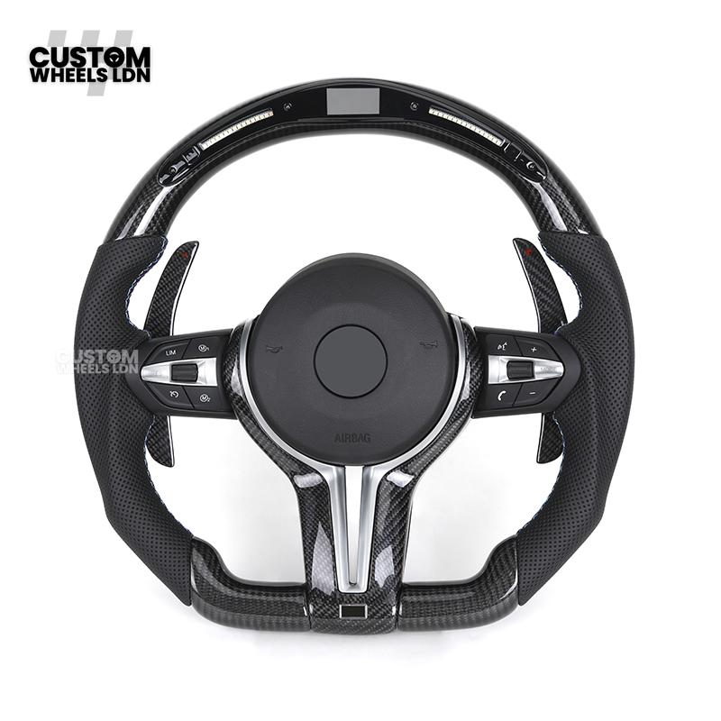 BMW Custom LED Steering Wheel – Carbon Fibre with M-Stitching, Perforated Leather, Flat Bottom | Fits 1/2/3/4 Series, X1, X2 + more | Fits older models