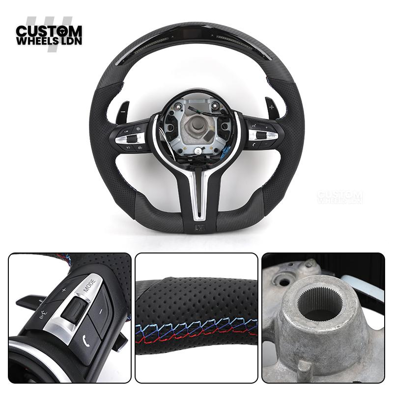 BMW Custom LED Steering Wheel – Satin Carbon Fibre & Perforated Leather with M-Stitching | Fits 3/4/5 Series, X3, X4 + more | Plug & Play | Fits older models