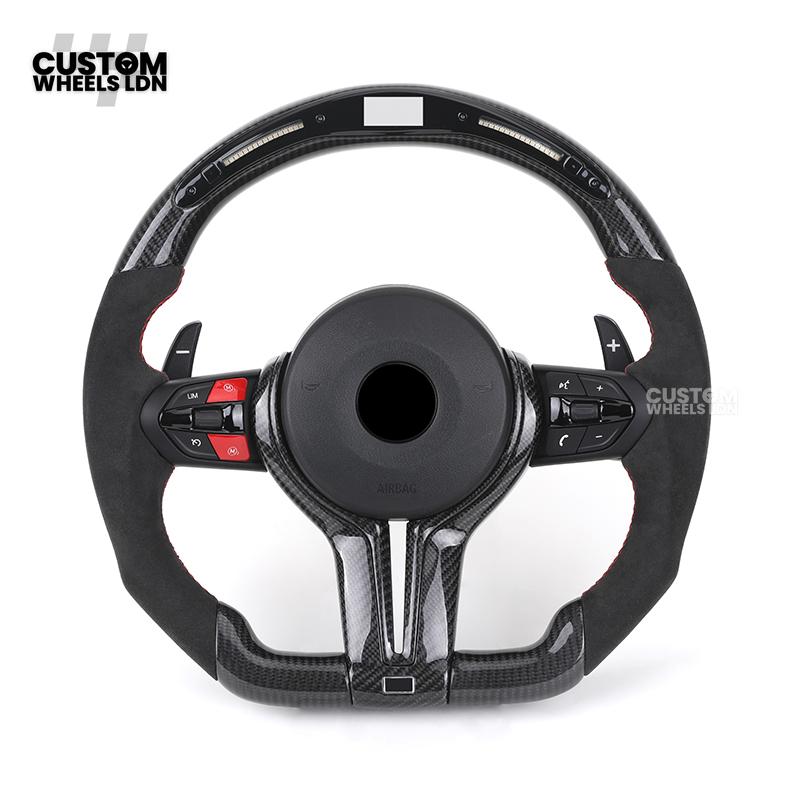 BMW Custom LED Steering Wheel – Gloss Carbon Fibre with Alcantara & Red Accents | M-Sport Style | Fits 3/4/5 Series, X Models + more | Plug & Play | Fits older models