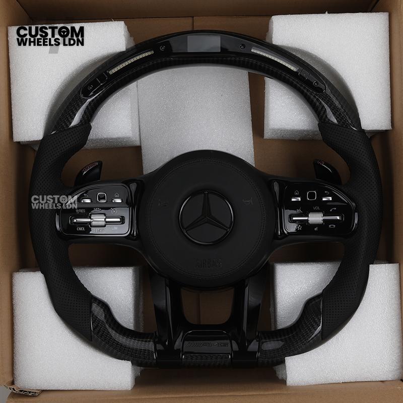 Mercedes Custom AMG Flat Bottom Steering Wheel – Perforated Leather & Gloss Carbon Fibre, LED Display, Piano Black Trim, Touch Control Buttons | Fits C-Class, E-Class, CLS, GLC, GLE, G-Class + more | Plug & Play | Retrofit Upgrade for Older Models