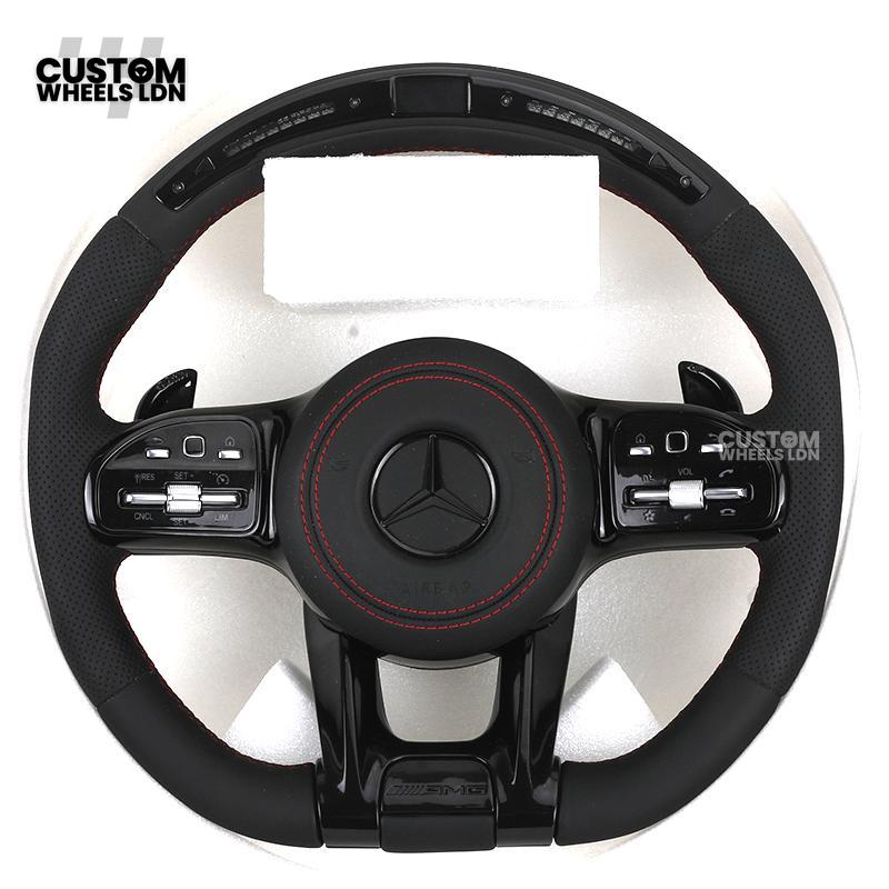 Mercedes Custom AMG LED Steering Wheel – Black AMG Trim, Red Stitching, Black Controls, Flat Bottom, Perforated Leather | AMG Badge | Plug & Play | Complete Wheel with Airbag | Retrofit Upgrade for Older Models Available | Fits W205, W213, GLC, CLS + More