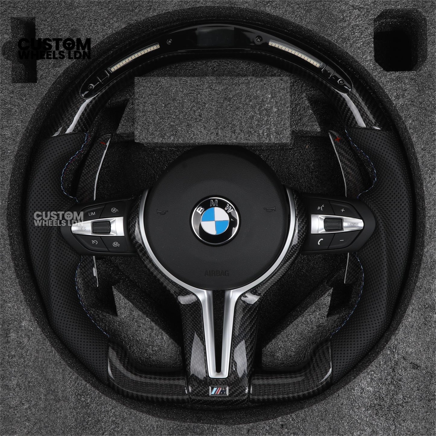 BMW Custom LED Steering Wheel – Carbon Fibre with M-Stitching, Perforated Leather, Flat Bottom | Fits 1/2/3/4 Series, X1, X2 + more | Fits older models