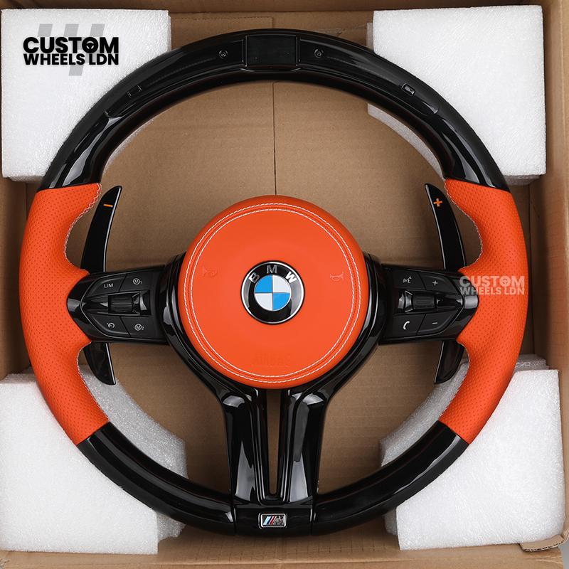 BMW Custom LED Steering Wheel – Gloss Black with Orange Leather | Fits 1/2/3/4 Series, X1, X2 + more | Flat Bottom