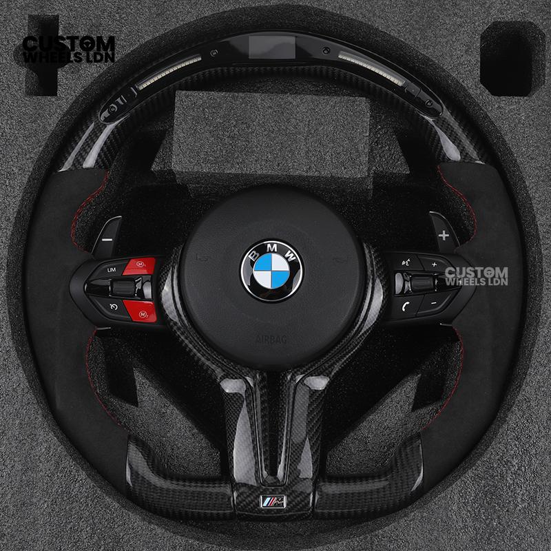 BMW Custom LED Steering Wheel – Gloss Carbon Fibre with Alcantara & Red Accents | M-Sport Style | Fits 3/4/5 Series, X Models + more | Plug & Play | Fits older models