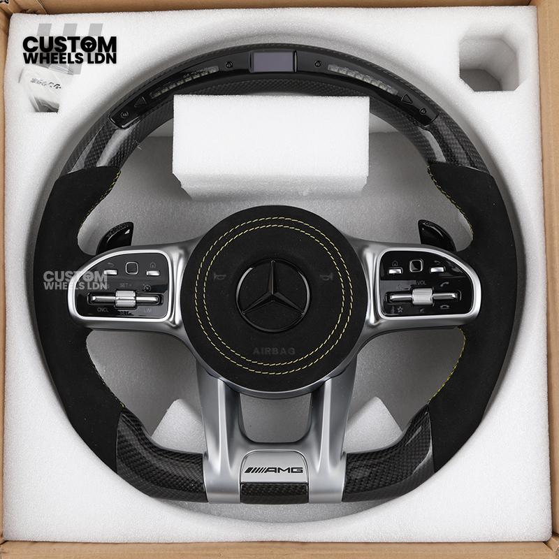 Mercedes Custom AMG Flat Bottom Steering Wheel – Alcantara & Carbon Fibre, Yellow Stitching, LED Display, Silver Trim, Touch Control Buttons, AMG Badge | Fits C-Class, E-Class, CLS, GLC, GLE, G-Class + more | Plug & Play | Retrofit Upgrade for Older Model
