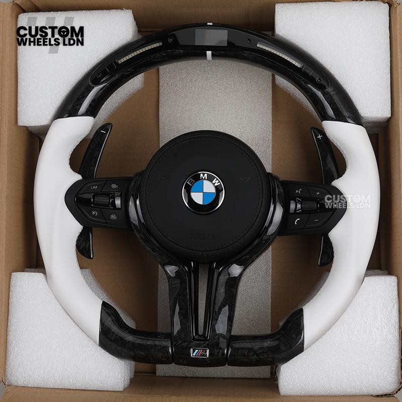 BMW Forged Carbon & White LED Steering Wheel | Paddle Shifters | M Badge | Flat Bottom | Plug & Play | Fits 1 2 3 4 5 Series (F & E Series) + more | Complete Wheel