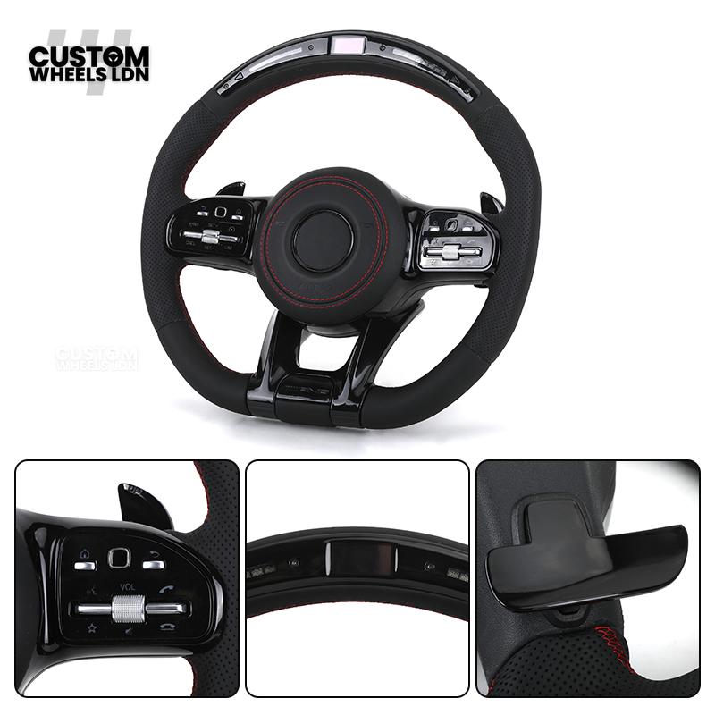 Mercedes Custom AMG LED Steering Wheel – Black AMG Trim, Red Stitching, Black Controls, Flat Bottom, Perforated Leather | AMG Badge | Plug & Play | Complete Wheel with Airbag | Retrofit Upgrade for Older Models Available | Fits W205, W213, GLC, CLS + More
