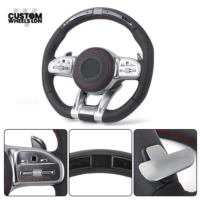Mercedes Custom AMG Flat Bottom LED Steering Wheel – Black Leather, Perforated Sides, Red Stitching, Classic Buttons & Silver Paddles | AMG Trim | Fits W205, W213, GLC, GLE, CLS + more | Plug & Play | With Airbag | Retrofit possible for Older Models
