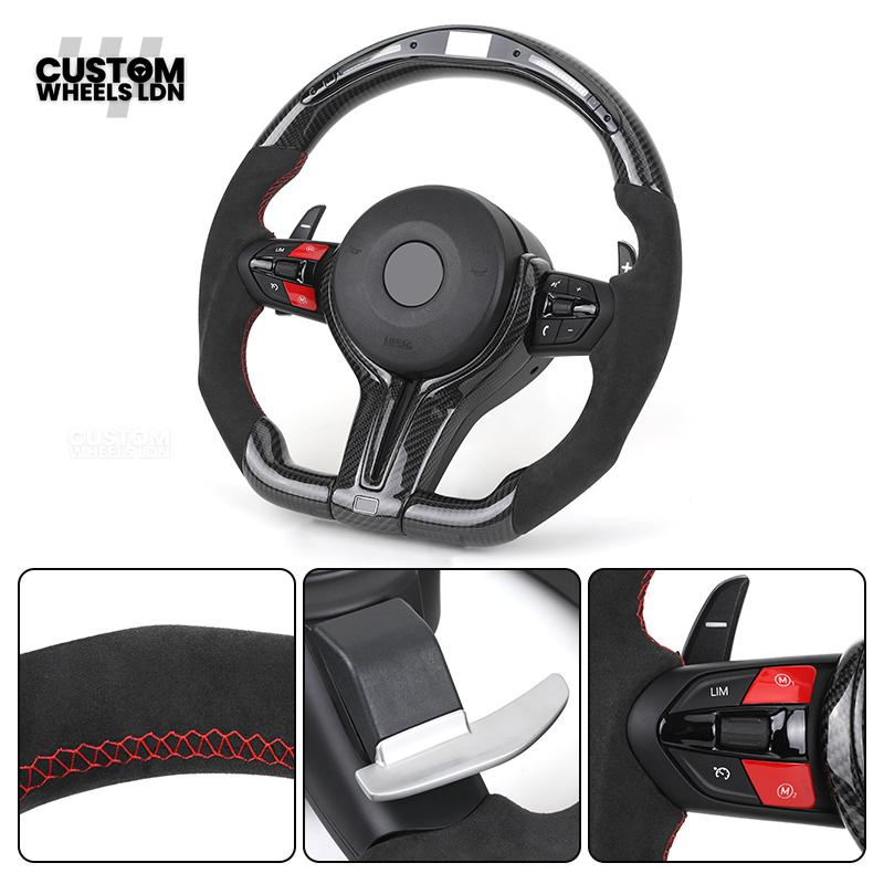 BMW Custom LED Steering Wheel – Gloss Carbon Fibre with Alcantara & Red Accents | M-Sport Style | Fits 3/4/5 Series, X Models + more | Plug & Play | Fits older models