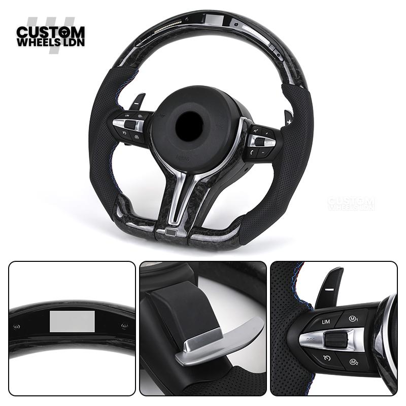 BMW Custom Forged Carbon LED Steering Wheel with Perforated Leather, Silver Accents & M-Sport Stitching | Complete Plug & Play | Fits BMW F20 F21 F22 F23 F30 F31 F32 F33 F36 F80 F87 E82 E88 E90 E92 E93 + more