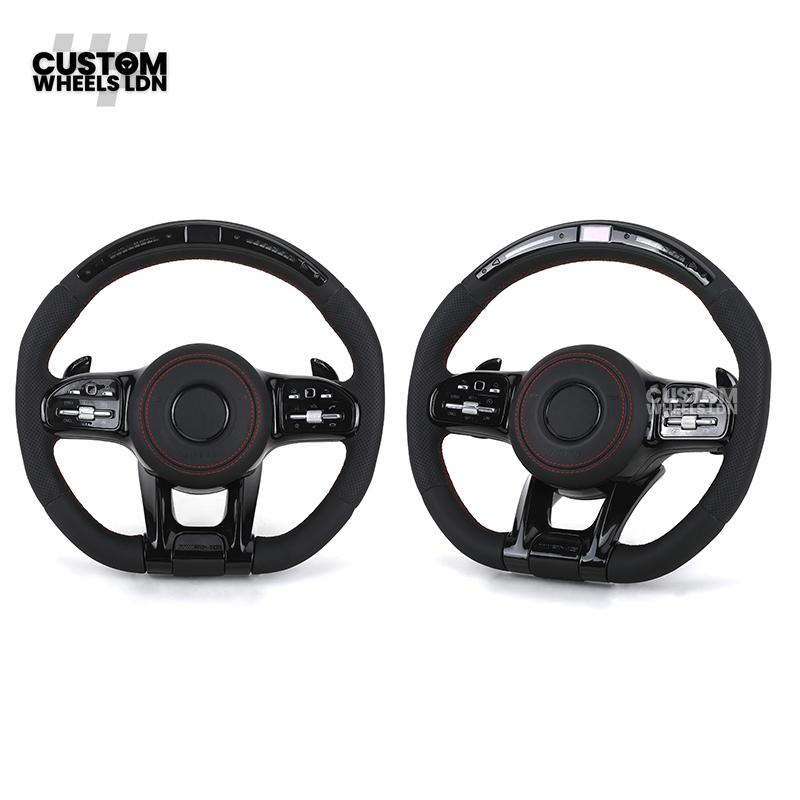 Mercedes Custom AMG LED Steering Wheel – Black AMG Trim, Red Stitching, Black Controls, Flat Bottom, Perforated Leather | AMG Badge | Plug & Play | Complete Wheel with Airbag | Retrofit Upgrade for Older Models Available | Fits W205, W213, GLC, CLS + More