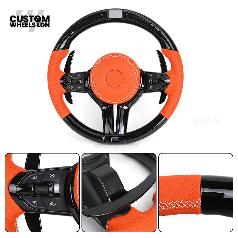 BMW Custom LED Steering Wheel – Gloss Black with Orange Leather | Fits 1/2/3/4 Series, X1, X2 + more | Flat Bottom