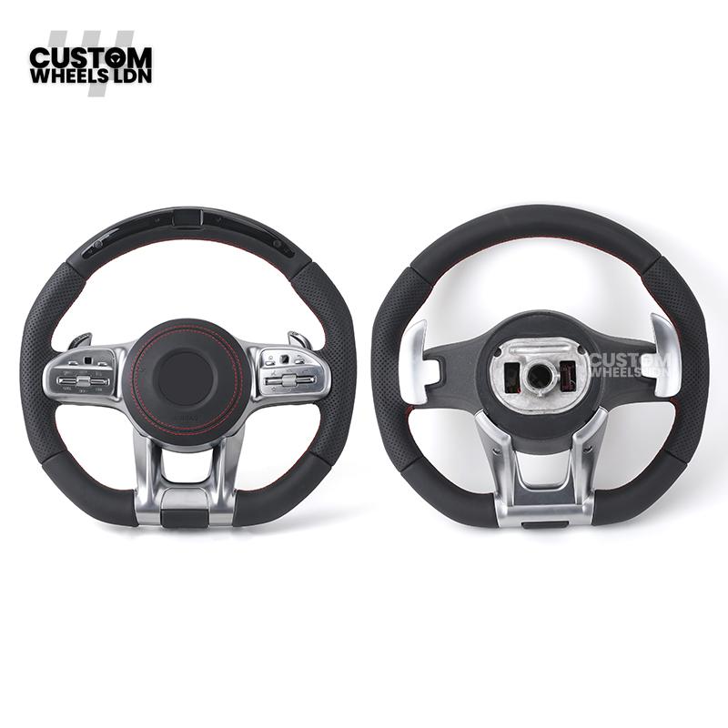 Mercedes Custom AMG Flat Bottom LED Steering Wheel – Black Leather, Perforated Sides, Red Stitching, Classic Buttons & Silver Paddles | AMG Trim | Fits W205, W213, GLC, GLE, CLS + more | Plug & Play | With Airbag | Retrofit possible for Older Models