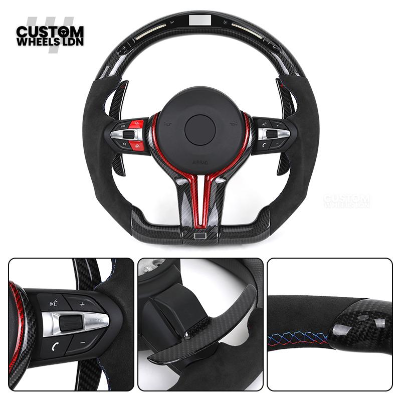 BMW Custom LED Steering Wheel – Carbon Fibre with Red Trim, Alcantara, Flat Bottom | Fits 1/2/3/4 Series, X1, X2 + more | Fits older models