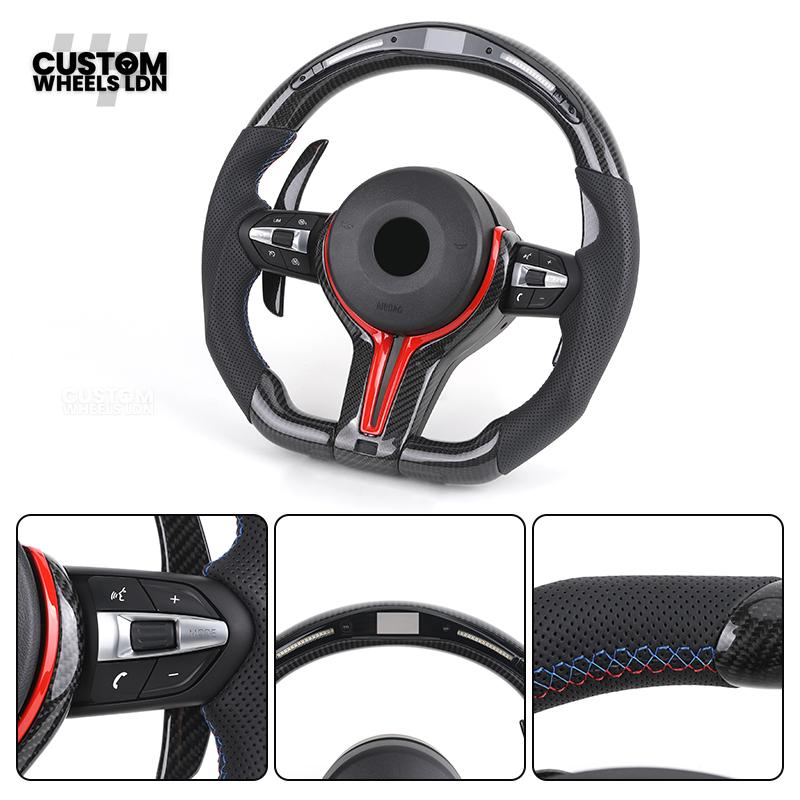 BMW Custom LED Steering Wheel – Carbon Fibre with Red Trim, Perforated Leather, Flat Bottom | Fits 1/2/3/4 Series, X1, X2 + more