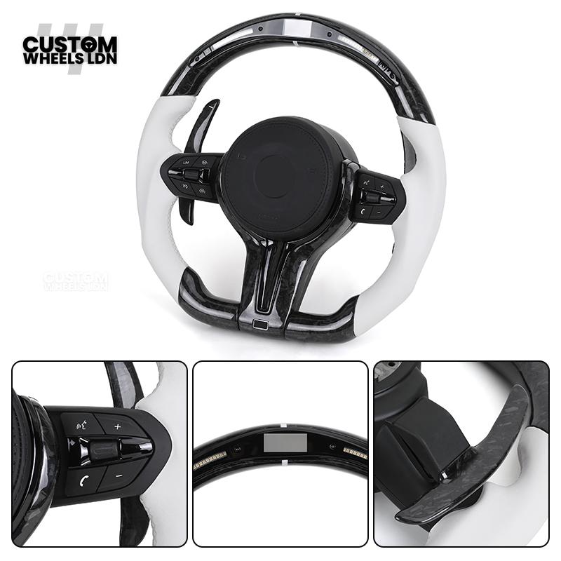 BMW Forged Carbon & White LED Steering Wheel | Paddle Shifters | M Badge | Flat Bottom | Plug & Play | Fits 1 2 3 4 5 Series (F & E Series) + more | Complete Wheel