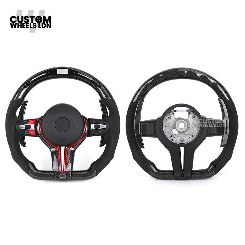 BMW Custom LED Steering Wheel – Carbon Fibre with Red Trim, Alcantara, Flat Bottom | Fits 1/2/3/4 Series, X1, X2 + more | Fits older models