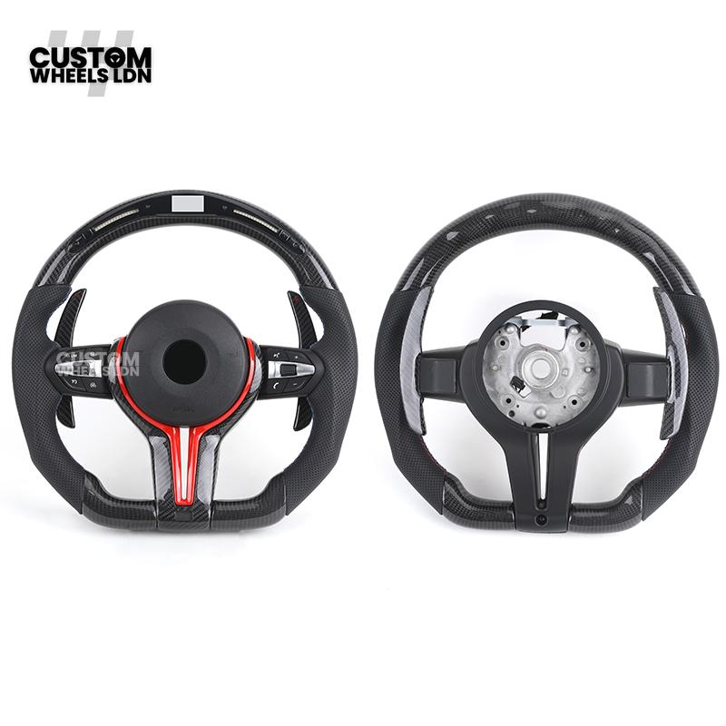 BMW Custom LED Steering Wheel – Carbon Fibre with Red Trim, Perforated Leather, Flat Bottom | Fits 1/2/3/4 Series, X1, X2 + more