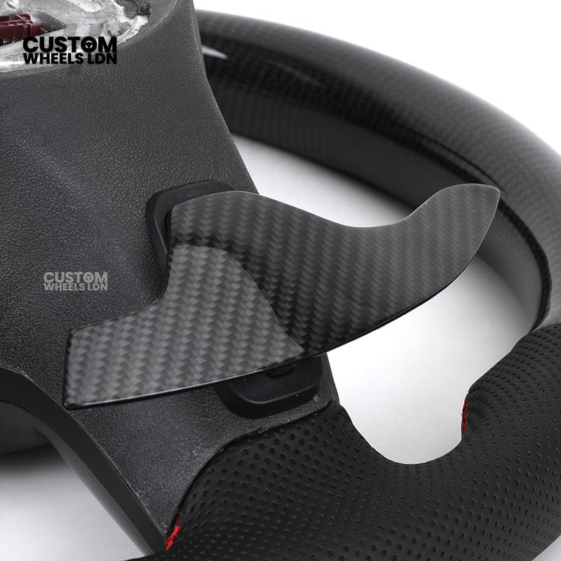 Mercedes Custom AMG Flat Bottom Steering Wheel – Perforated Leather & Gloss Carbon Fibre, LED Display, Red Stitching, Piano Black Trim, Carbon Paddles, Touch Control Buttons | Fits C-Class, E-Class, GLC, GLE, CLS, G-Class + more | Plug & Play | Retrofit U