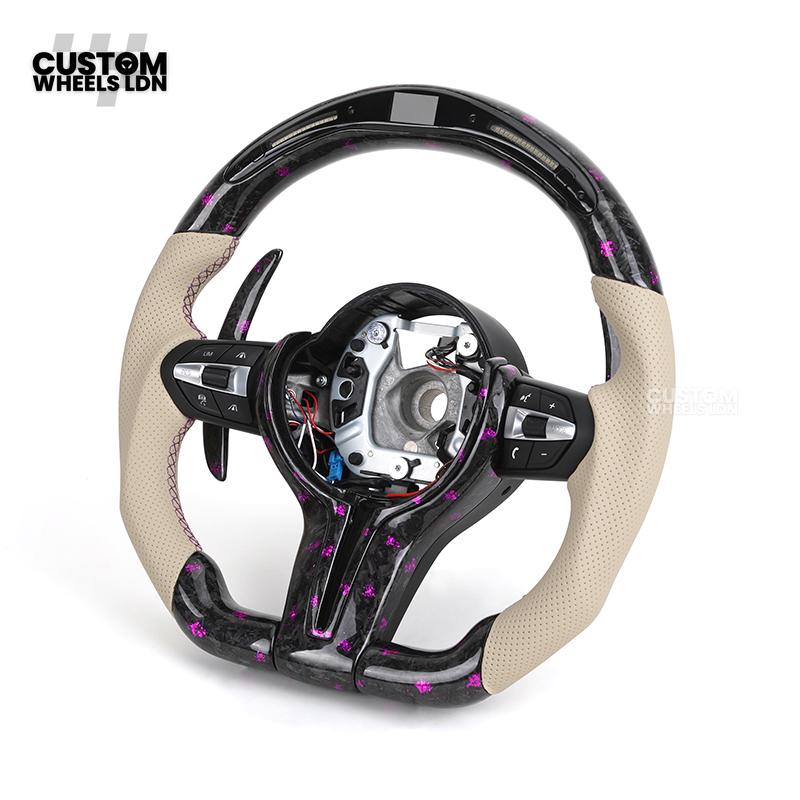 BMW Custom Purple Forged Carbon LED Steering Wheel | Cream Leather Grip | M Performance Style | Plug & Play | Fits F20 F22 F30 F32 F36 F80 F87 E90 E92 E93 + more