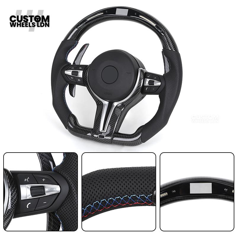 BMW Custom LED Steering Wheel – Carbon Fibre with M-Stitching, Perforated Leather, Flat Bottom | Fits 1/2/3/4 Series, X1, X2 + more | Fits older models