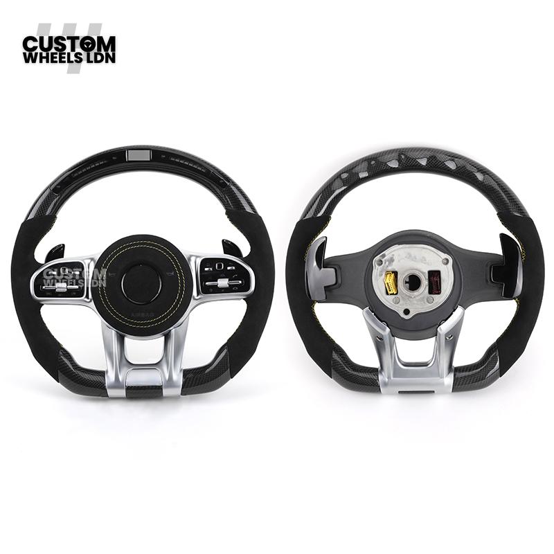 Mercedes Custom AMG Flat Bottom Steering Wheel – Alcantara & Carbon Fibre, Yellow Stitching, LED Display, Silver Trim, Touch Control Buttons, AMG Badge | Fits C-Class, E-Class, CLS, GLC, GLE, G-Class + more | Plug & Play | Retrofit Upgrade for Older Model