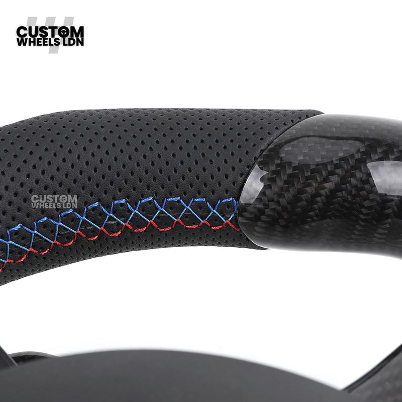 BMW Custom LED Steering Wheel – Carbon Fibre with Red Trim, Perforated Leather, Flat Bottom | Fits 1/2/3/4 Series, X1, X2 + more