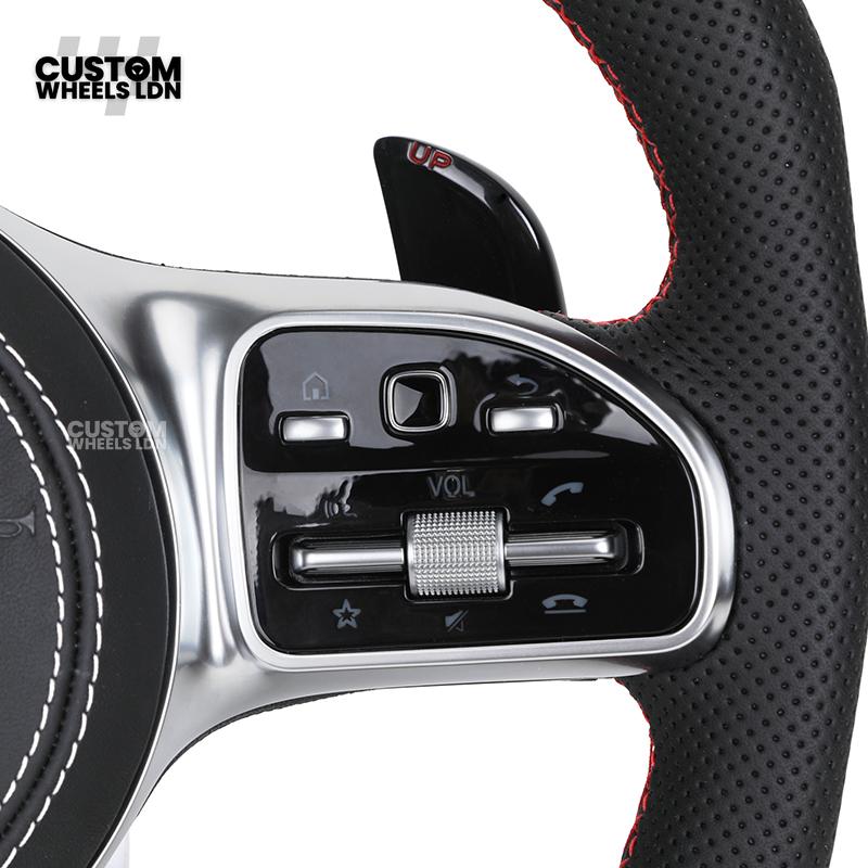 Mercedes Custom AMG Flat Bottom Steering Wheel – Perforated Leather & Carbon Fibre, LED Display, White Stitching, Brushed Silver Trim, Touch Control Buttons, AMG Badge | Fits C-Class, E-Class, CLS, GLC, GLE, G-Class + more | Plug & Play | Retrofit Upgrade