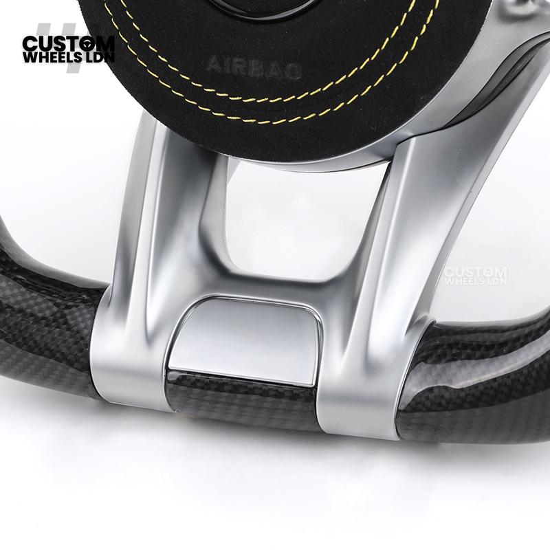 Mercedes Custom AMG Flat Bottom Steering Wheel – Alcantara & Carbon Fibre, Yellow Stitching, LED Display, Silver Trim, Touch Control Buttons, AMG Badge | Fits C-Class, E-Class, CLS, GLC, GLE, G-Class + more | Plug & Play | Retrofit Upgrade for Older Model