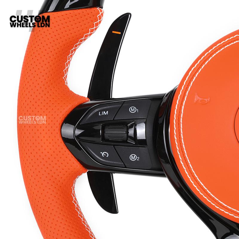 BMW Custom LED Steering Wheel – Gloss Black with Orange Leather | Fits 1/2/3/4 Series, X1, X2 + more | Flat Bottom