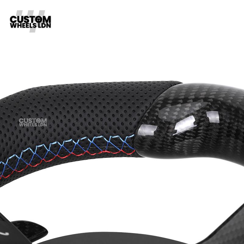 BMW Custom LED Steering Wheel – Carbon Fibre with M-Stitching, Perforated Leather, Flat Bottom | Fits 1/2/3/4 Series, X1, X2 + more | Fits older models