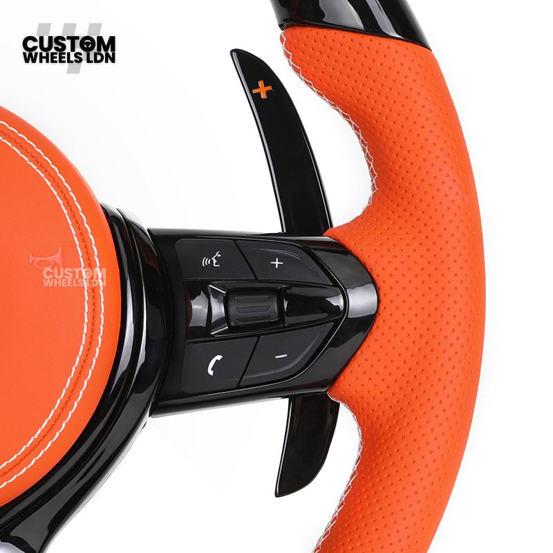 BMW Custom LED Steering Wheel – Gloss Black with Orange Leather | Fits 1/2/3/4 Series, X1, X2 + more | Flat Bottom