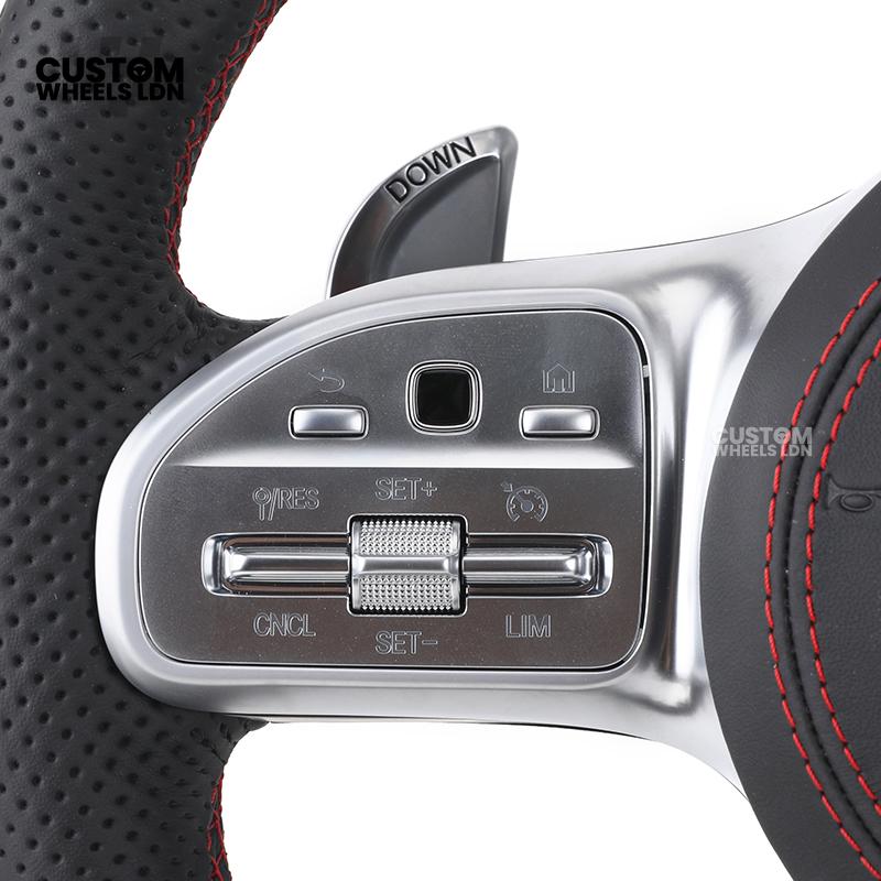 Mercedes Custom AMG Flat Bottom LED Steering Wheel – Black Leather, Perforated Sides, Red Stitching, Classic Buttons & Silver Paddles | AMG Trim | Fits W205, W213, GLC, GLE, CLS + more | Plug & Play | With Airbag | Retrofit possible for Older Models