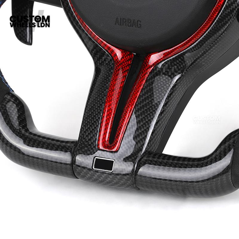 BMW Custom LED Steering Wheel – Carbon Fibre with Red Trim, Alcantara, Flat Bottom | Fits 1/2/3/4 Series, X1, X2 + more | Fits older models