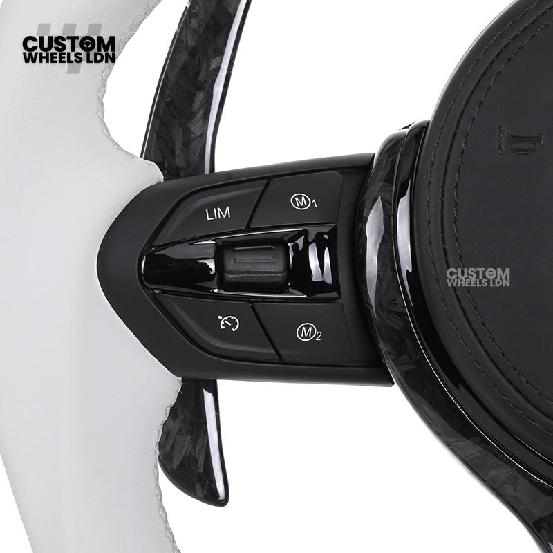 BMW Forged Carbon & White LED Steering Wheel | Paddle Shifters | M Badge | Flat Bottom | Plug & Play | Fits 1 2 3 4 5 Series (F & E Series) + more | Complete Wheel