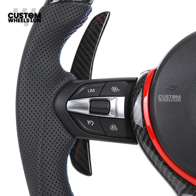 BMW Custom LED Steering Wheel – Carbon Fibre with Red Trim, Perforated Leather, Flat Bottom | Fits 1/2/3/4 Series, X1, X2 + more
