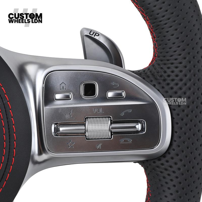 Mercedes Custom AMG Flat Bottom LED Steering Wheel – Black Leather, Perforated Sides, Red Stitching, Classic Buttons & Silver Paddles | AMG Trim | Fits W205, W213, GLC, GLE, CLS + more | Plug & Play | With Airbag | Retrofit possible for Older Models