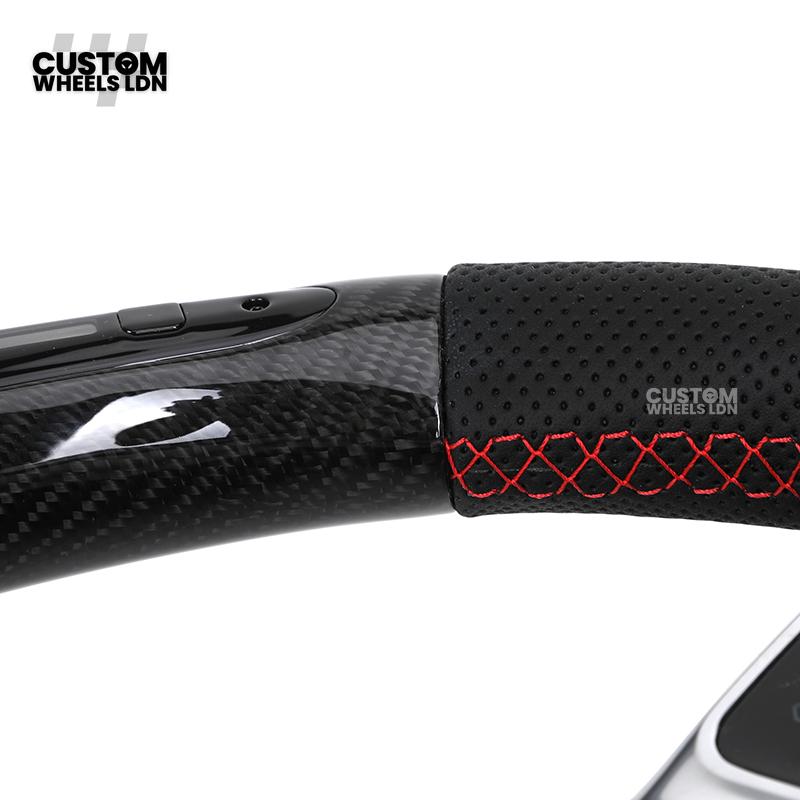 Mercedes Custom AMG Flat Bottom Steering Wheel – Perforated Leather & Carbon Fibre, LED Display, White Stitching, Brushed Silver Trim, Touch Control Buttons, AMG Badge | Fits C-Class, E-Class, CLS, GLC, GLE, G-Class + more | Plug & Play | Retrofit Upgrade