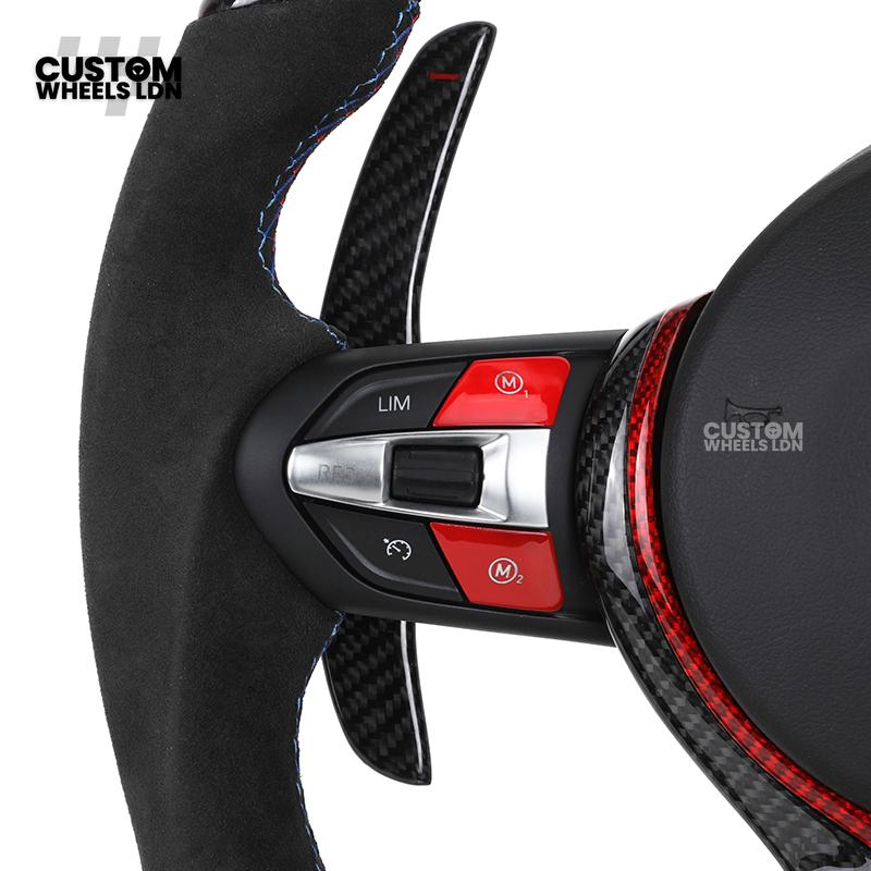 BMW Custom LED Steering Wheel – Carbon Fibre with Red Trim, Alcantara, Flat Bottom | Fits 1/2/3/4 Series, X1, X2 + more | Fits older models
