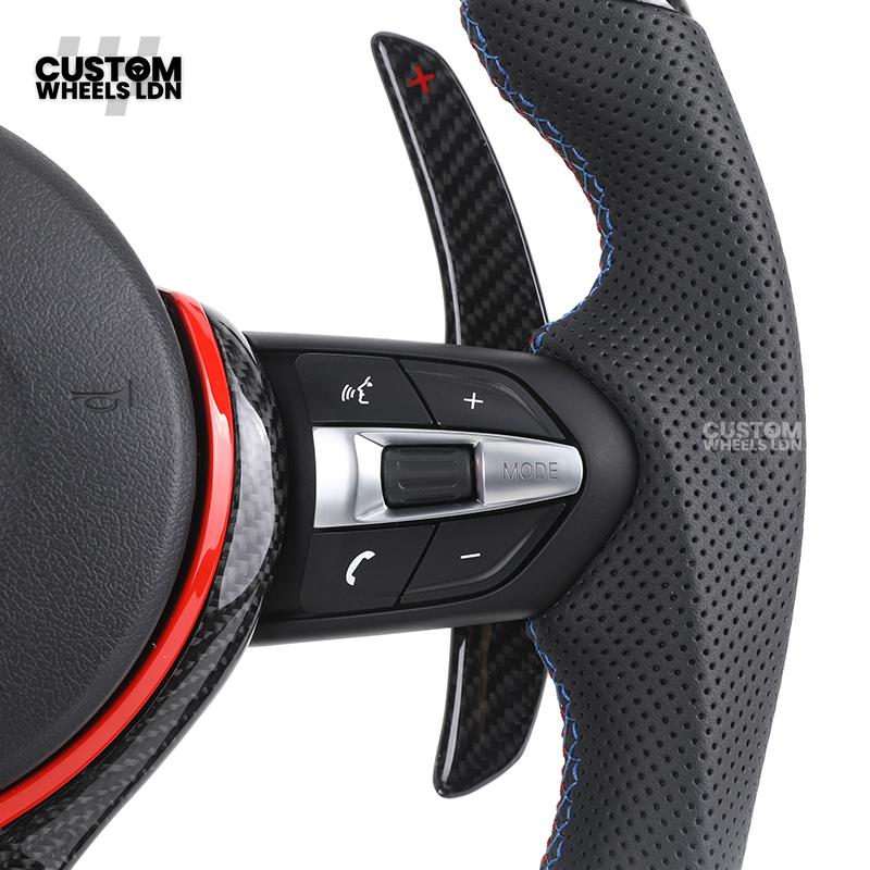 BMW Custom LED Steering Wheel – Carbon Fibre with Red Trim, Perforated Leather, Flat Bottom | Fits 1/2/3/4 Series, X1, X2 + more