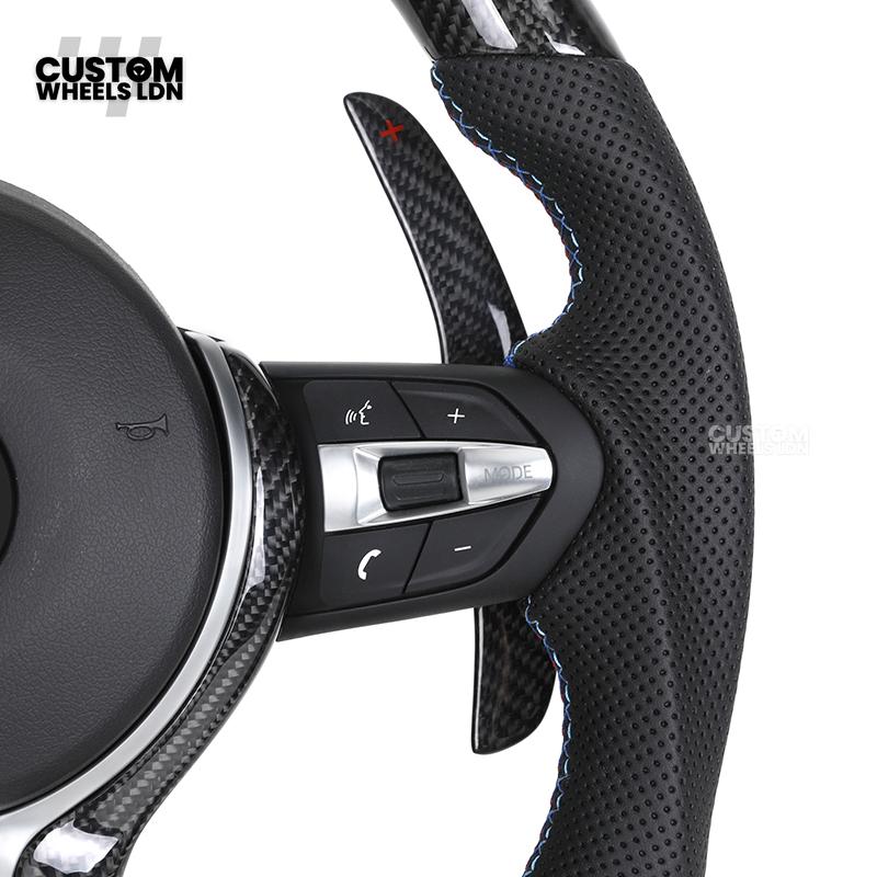 BMW Custom LED Steering Wheel – Carbon Fibre with M-Stitching, Perforated Leather, Flat Bottom | Fits 1/2/3/4 Series, X1, X2 + more | Fits older models